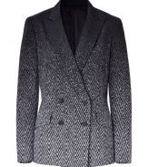 Perfect for adding a contemporary edge to your work look, Rag & Bones color fade herringbone blazer is a chic investment guaranteed to lends a cool note to your outfit - Peaked lapel, long sleeves, buttoned cuffs, double-breasted buttoned front, flap pockets - Tailored fit - Wear with everything from tees and leather leggings to tailored sheath dresses and heels