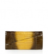 Invest in multi-season luxury with Nancy Gonzalezs sleek croco clutch, an ultra glamorous choice in pearly bronze and yellow - Flap with slit pocket and hidden magnetic closures, zippered pocket under flap, inside zippered back wall pocket, soft brown suede lining - Carry as a finish to chic evening looks