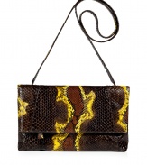 Invest in multi-season sophistication with Nancy Gonzalezs sleek fold-over python clutch, an ultra luxurious choice in cool chocolate and lemon - Fold-over with hidden magnetic snaps and zippered pocket underneath, back slit pocket with magnetic closure, inside zippered back wall pocket, chocolate suede lining, removable shoulder strap - Carry as a finish to chic day and evening looks alike