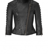 Inject an elegant edge into your rocker-chic look with Catherine Malandrinos embellished cropped leather jacket, a chic choice no matter how you pair it - Collarless neckline, 3/4 sleeves, zippered cuffs, diagonal metal front zip - Tailored silhouette, form-fitting - Wear over cocktail dresses, or dress down with a simple tee and skinny jeans