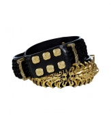 An ultra luxurious choice with its statement shiny metal embellishment and slick rope overlay, Balmains leather belt guarantees and exquisitely edgy finish to your outfit - Gold-toned metal, black rope overlay, black leather base - Wear as a stand-out finish to leather biker pants and just as edgy accessories