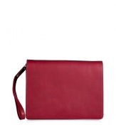 The ultimate statement of modern elegance, Maison Martin Margielas raspberry leather accordion clutch is an exquisitely chic choice for giving your outfit a sleek, streamlined finish - Flap-over with concealed magnetic closure, divided inside sections, zippered middle pocket, removable wristlet strap, inside back wall slit pocket - Carry with cocktail dresses and black accessories, or during the day with urbane separates and edgy leather boots