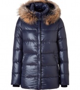 Stay warm while maintaining your impeccable style in this lightweight yet luxe down jacket from Duvetica - Fur-lined hood, front two-way zip closure, long sleeves, zip pockets, quilted - Modern straight fit - Wear with knit pullovers, jeans and weather boots