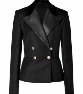 Detailed with a silky black fur collar and sleek leather peaked lapel, Salvatore Ferragamos wool jacket lends a sharp finish to any outfit - Peaked lapel, long sleeves, buttoned cuffs, double-breasted button closures, gold-toned logo buttons - Slightly shorter, tailored fit - Wear over everything from tailored trousers to cocktail dresses