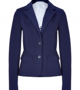 With a classic preppy aesthetic, this wool blazer features a tailored silhouette and a fun stripped lining - Notched lapels, two-button closure, single chest pocket, two flap waist pockets, fitted, striped lining - Pair with cropped trousers, a girly button down, and T-strap pumps