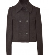 Sleek and sophisticated, this charcoal virgin wool jacket from Michael Kors is both chic and versatile - On trend, cropped double breasted cut with two rows of buttons and long, slim sleeves - Oversize collar and vertical pockets - Jacket hits above the hips - Pair with everything from a tank or button down and skinny jeans to wide leg trousers, pencil skirts and leather leggings