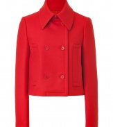 Sleek and sophisticated, this virgin wool jacket from Michael Kors is both vibrant and versatile - On trend, cropped double breasted cut with two rows of buttons and long, slim sleeves - Oversize collar and vertical pockets - Jacket hits above the hips - Pair with everything from a tank or button down and skinny jeans to wide leg trousers, pencil skirts and leather leggings