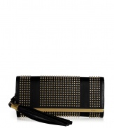 Edgy-cool goes ultra lavish with this stud and tassel detailed clutch from Emilio Pucci - Classic envelope shape, front flap with logo gold-tone hardware trim, studded panels, leather tassel - Style with a cocktail-ready frock and platform pumps