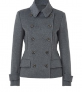 Steffen Schraut gives the classic pea coat its own polished, feminine  spin with this grey wool blend jacket - Fitted, double-breasted cut tapers through waist - Small collar and two rows of decorative buttons - Oversize flap pockets at hips and slash pockets just below the chest - Rear vent and detachable buckle-fastened tab at back - Ultra-versatile style seamlessly transitions from work to weekend - Pair with everything from jeans and a light cashmere pullover to suit trousers and a silk blouse