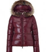 A sleek outer shell and elegant raccoon trim lend this Duvetica down jacket its sporty and stylish edge - In a lighter weight, wind- and water-resistant burgundy polyamide - Slim cut fits close to the body for extra warmth and tapers through waist - Full zip,  fur-trimmed hood and diagonal zippered pockets at sides - Perfect for cold weather casual looks including jeans, cords, chinos and ski pants