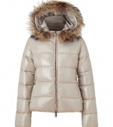 A sleek outer shell and elegant raccoon trim lend this Duvetica down jacket its sporty and stylish edge - In a lighter weight, wind- and water-resistant cream polyamide - Slim cut fits close to the body for extra warmth and tapers through waist - Full zip,  fur-trimmed hood and diagonal zippered pockets at sides - Perfect for cold weather casual looks including jeans, cords, chinos and ski pants