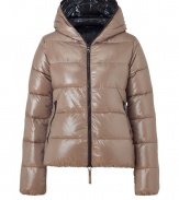 A sleek outer shell and vibrant contrast lining lend this Duvetica down jacket its sporty and stylish edge - In a lighter weight, wind- and water-resistant taupe polyamide with black trim - Slim cut tapers through waist and fits close to the body for extra warmth - Full zip, hood and oversize diagonal zippered pockets at front - Perfect for cold weather casual looks - Pair with denim, leggings and cords