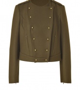 Stylish jacket in fine olive-colored wool blend - Feminine interpretation of a military-inspired design - Trendy with a double row of gold buttons, epaulets and zipper pockets - Short cut with long arms, round neckline - Fashionable piece with tight skirts, skinny jeans or suit pants