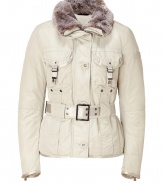 Your cold weather look just got more stylish with this luxe fitted down jacket from Peuterey - Large rabbit fur collar, concealed zipper closure, long sleeves with logo detail, flap pockets, belted waist, slim fit, water repellent - Wear with an elevated jeans-and-tee ensemble or a workweek-chic look