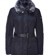 Your cold weather look just got more stylish with this luxe fitted down jacket from Peuterey - Large rabbit fur collar, concealed zipper closure, long sleeves with logo detail, belted waist, slim fit, water repellent - Wear with an elevated jeans-and-tee ensemble or a workweek-chic look