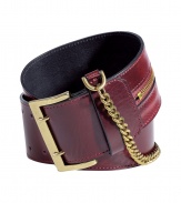 Cinch your look in ultra-luxe style with this chain-laden statement belt from McQ Alexander McQueen - Wide supple leather belt with gold-tone buckle, chain, and zip detail - Style with a diaphanous frock or over an oversized cardigan