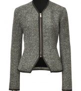 Pull together your look with a finish of immaculate tailoring in Faith Connexions collarless tweed jacket - V-neckline, long sleeves, zippered cuffs, front zip, tailored fit - Pair with form-fitting sheaths and platform pumps