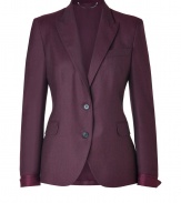 Borrowed-from-the-boys styling gets an ultra luxe infusion in Paul Smiths aubergine heather single-breasted wool blazer, tailored to perfection with tonal folded cuffs and an understated modern cut - Peaked lapel, long sleeves, buttoned cuffs, soft cutaway buttoned front, flapped pockets, breast pocket, double back vents, inside patch pocket, patchworked colorblock lining, cream wool lining under collar, tailored fit - Team with form-fitting jersey dresses and chic menswear-inspired lace-ups