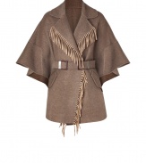 Exquisitely detailed with a finish of chic textural fringe, Ermanno Scervinos wool twill cape is an ultra luxe take on contemporary outerwear - Notched lapel, draped 3/4 sleeves, hidden snapped front, flap pockets, buttoned sides, woven belted waistline - Draped silhouette, tailored at the waist with a matching double buckle leather-lined belt - Team with favorite skinnies and flawless boots