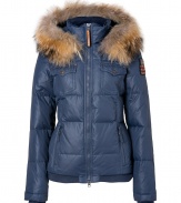 Stay warm in style this season in True Religions matte finish quilted down jacket, detailed with cozy raccoon fur trim for an ultra luxe finish - Stand-up collar, hood with removable fur trim, long sleeves with stitched flag patch, two-way front zip, zippered and buttoned front pockets, contrast ribbed knit hidden cuffs and hemline - Flattering slim, straight fit - Team with cozy knit accessories and statement boots