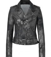 Lambskin biker jacket adds edge to any closet - Classic design with asymmetric zipper, wide lapel with metallic snaps, shoulder bars and decorative waist belt - Long sleeves and feminine waisted cut - Metallic slate color with slightly worn look - Wear in transitional months with a thin cashmere pullover or a sexy silk tank - Pair with feminine dresses and booties for a contrasting look or with skinny jeans and heels for a fashionable night out