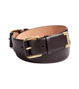 Pull together your look with a sophisticated polish and wrap around Salvatore Ferragamos dark brown double-buckle calfskin belt - Double buckle closures, gold-toned hardware - A contemporary finish to casual jeans and dressy sheaths alike