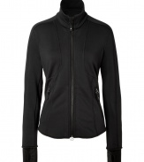 Inject a modern edge into your sportswear wardrobe with Jet Sets sleek stretch zip-up jacket, the perfect weight for wearing both indoors and out - Stand-up collar, long sleeves, zippered front, zippered pockets - Form-fitting - Team with weather boots and jeans, or with workout leggings and fashion sneakers