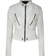 This ultra-chic moto-styled leather jacket bring tough-yet-stylish appeal to your lookday or night -Button-detailed stand collar, zipper front, zip chest pockets, seaming details at shoulders and back, cropped silhouette - Style with a floral mini-dress, patterned tights, and buckle-detailed ankle boots