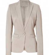 Luxe jacket in fine, dark beige cotton stretch blend - Classic blazer style with single button closure - Small collar and medium-width lapels - Two front flap pockets - Decorative seam detail at back - Flattering darts at chest - Slim, ultra-feminine silhouette tapers at waist - Elegant, long and lean cut - A polished, indispensable staple in any wardrobe - Pair with trousers, a pencil skirt or skinny denim