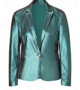 Get noticed in this glimmering green leather jacket from Faith Connexion - One-button closure, notched lapels, slit pockets, three-button cuffs - Style with a floral print mini-dress, ribbed tights, platform booties, and a chunky knit scarf