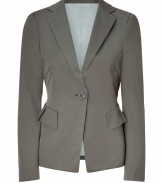 Gorgeous blazer in fine grey-green nylon stretch cotton - Modern cut, fitted with deep lapels and elegant one-button front - Feminine flap pockets with decorative fold - Favorite piece for business or play - Try with skinny black jeans, textured tank and heels or with smart trousers and kitten heels