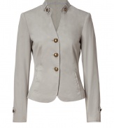 Elegant blazer in fine, platinum cotton stretch blend - Single-breasted style with three-button closure - Small stand-up collar two front pockets - Gold hardware detail at button placket and neckline - Flattering darts at bust accentuate a lean silhouette and slim waist - Shorter length crops at hips - A polished, feminine spin on masculine tailoring - Pair with a fitted t-shirt and wide-leg trousers or a longer tunic top and skinny denim