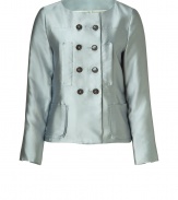 Elegant jacket in a fine polyester-silk blend - Fashionable box-shape cut in iced mint green - Lightweight - Wide waist belt at back - Double row of buttons, multiple pockets - Excellent jacket for spring - Try with slim pants, pencil skirt or cocktail dresses