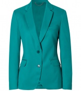 Stylish blazer in fine, turquoise cotton blend - Supremely comfortable, thanks to a touch of stretch - Fitted, slightly longer cut creates a feminine, elegant silhouette - Small collar and slim lapels, two-button closure - The details we love: two flattering, fabric darts at back, multicolor, graphic print lining - A timeless basic in an eye-catching hue, classically polished and cool - Style with a pencil skirt or skinny jeans and ankle booties