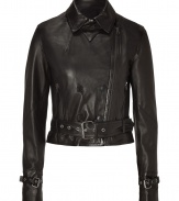 A modern take on the classic biker jacket, this luxe leather from Edun boasts a feminine fit with tough-meets-chic detailing - Spread collar, asymmetrical zip front, button detailing, zip pockets, belted waist and cuffs, cropped, fitted silhouette - Style with high-waisted skinnies and a tee or a pencil skirt and heels