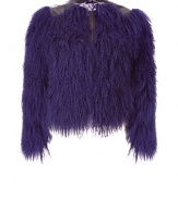 Rock n roll style is effortlessly achieved in this ultra-luxe shaggy fur and leather jacket from Etro - Purple-hued shaggy fur, cropped silhouette, leather detailing at shoulders - Style with a slim fitting top, high-waisted jeans, and sculptural platform pumps