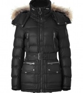 Stay warm in high style with this ultra-luxe down jacket from Belstaff - Stand collar, luxe fur-trimmed hood with snaps and toggle, front zip closure, quilting at shoulders and on sleeves, belted waist, zip pockets and cuffs, flap hip pockets - Style with skinny jeans and shearling booties