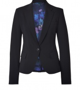 A structured blazer adds a touch of tailored chic to any wardrobe, and this black jacket from Paul Smith easily toes the line between masculine cool and feminine polish - Slim, fitted cut tapers through waist - Small collar and medium width lapels - Elegant, single button closure and two flap pockets - Vent at rear - Lush, floral print lining in rich shades of violet and blue - Seamlessly transitions from work to evening cocktails, parties and dinners - Pair with leather pants or pencil skirts, skinny dark denim or suit trousers