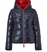 A sleek outer shell and vibrant contrast lining lend this Duvetica down jacket its sporty and stylish edge - In a lighter weight, wind- and water-resistant dark blue polyamide with brown trim - Slim cut tapers through waist and fits close to the body for extra warmth - Full zip, hood and oversize diagonal zippered pockets at front - Perfect for cold weather casual looks - Pair with denim, leggings and cords