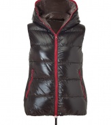 Add high style to your cold weather ensemble with this chic down vest from Duvetica - Contrasting front zip, hooded, zip pockets, quilted, fitted silhouette - Style with skinny jeans, a cashmere cardigan, and over-the-knee boots