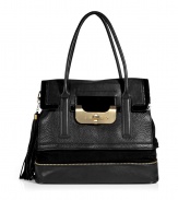 Upgrade any look with this luxurious must-have statement bag from Diane von Furstenberg - Front flap with turn-lock closure, carrying handles, textured leather and patent leather panels with tonal suede, zipper detailed bottom, tassel detail - Perfect for daily use or off-duty chic