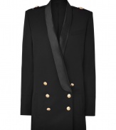 With chic military-inspired details and a trend-right silhouette, this tuxedo-styled blazer from Balmain will elevate any look - Straight satiny lapels, epaulets with gold-toned buttons, long sleeves, double-breasted front button placket, buttoned cuffs - Oversized long, slim fit - Wear with leather leggings, a bustier, and platform heels