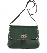 Dainty, dark green leather handbag with edgy, decorative studs is an updated classic - Features a long shoulder strap, flap closure and thin, box shape - Excellent choice to carry during the day or evening