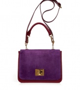 Luxury bag in fine ruby-colored calf leather with violet suede flap - Fashionable handbag shape is slightly curved with turn lock, short and long handles - Statement piece looks great with pants suits - Elegant for day or evening