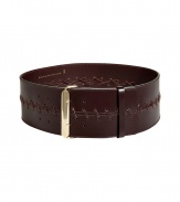 Cinch your look in style with this luxe stitch-detailed leather belt from Schumacher - Wide belt, gold-tone closure, stitching details, smooth leather - Wear with an oversized blouse or over a full-length cardigan