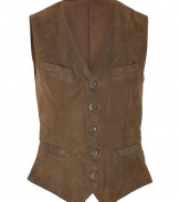 With a wild west-meets-menswear aesthetic, this chic vest from Polo Ralph Lauren adds instant style to your casual basics - V-neck, welt pockets, front button placket, back belt detail - Style with a plaid button-down, skinny jeans, and ankle boots