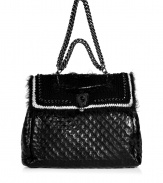 Ladylike with a decidedly downtown edge, this supple leather and crochet combo bag suits both day and night - Crochet-detailed front flap with contrasting trim and chain detail, quilted leather, large carryall style, chain-detailed handle, inside pockets for valuables - Pair with an elevated jeans-and-tee ensemble or a flirty cocktail frock