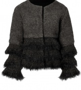 Sophisticated and stunning, this knit statement jacket from Ermanno Scervino is the ultimate outfit topper - Round neck, long sleeves and hem with fringe knit tiers, straight boxy silhouette, two-tone knit - Style with leather leggings and simple top or with a figure-hugging sheath