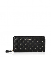 Inject whimsical luxe to your everyday style with this heart stud embellished leather wallet from cult-favorite Anya Hindmarch - Classic rectangular shape, top zip closure with tassel, front logo detail, allover heart stud embellishment, inside card slots and billfold - Perfect for everyday use or as a thoughtful gift