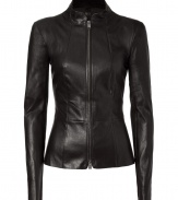 As supple as a second skin, Jitrois sleek leather jacket is a luxe investment guaranteed to streamline your look with a sharp urban edge - Stand-up collar, long sleeves, padded shoulders, two-way front zip, form-fitting - Pair with feminine dresses or sleek tailored separates